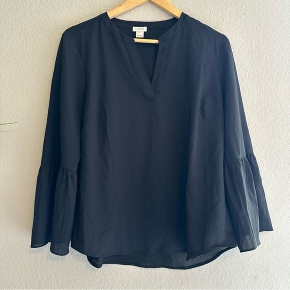 J. Crew Top Womens Size Medium Black Long Sleeve Bell Flare Cuffs Boat Neck - Picture 2 of 7